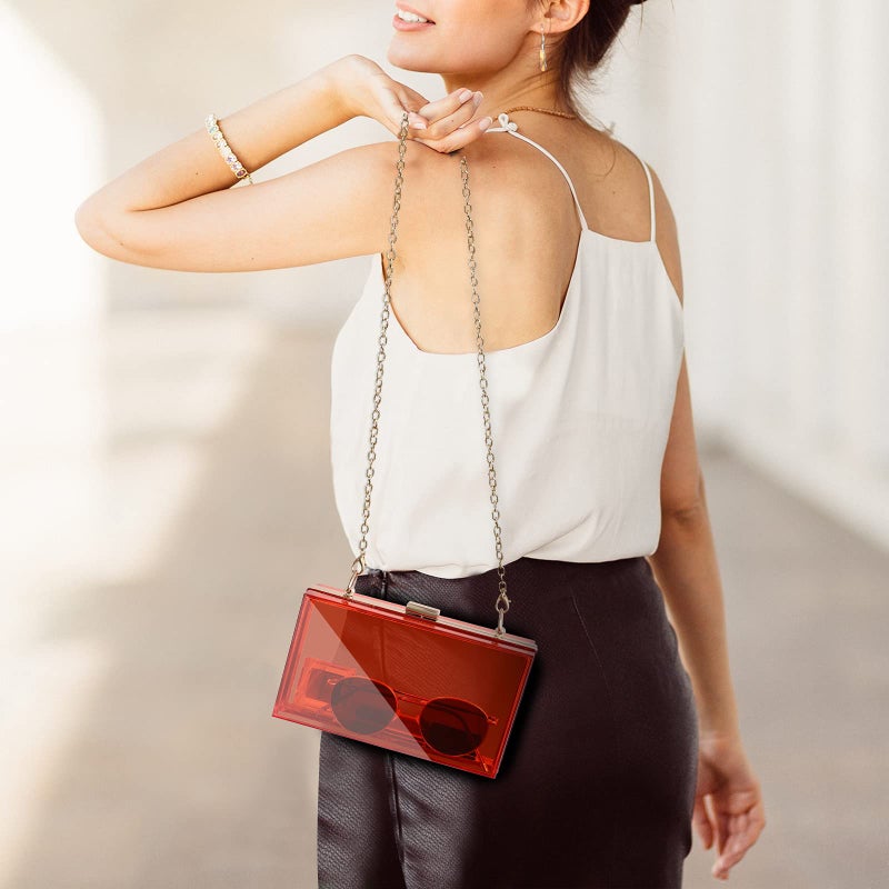 WJCD Women Clear Purse Acrylic Box Clutch Handbag, Small Transparent Crossbody Evening Bag Stadium Approved Gold Chain Strap (Red) - Image 5